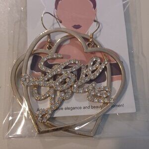 NEW Large LOVE Gold Fish Hook Bling earrings Vintage Classic Cute Girly